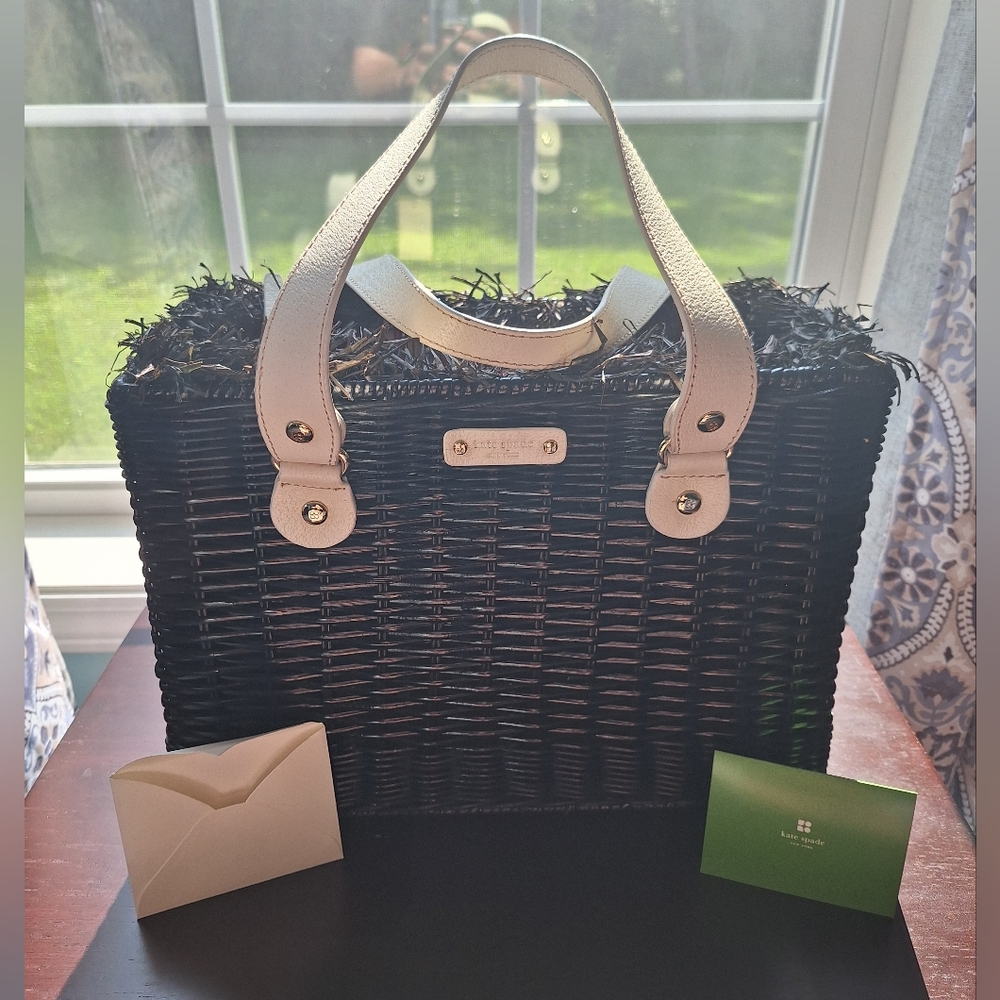 NWT Vintage Kate Spade Black and White Wicker Tote - Picture 2 of 13